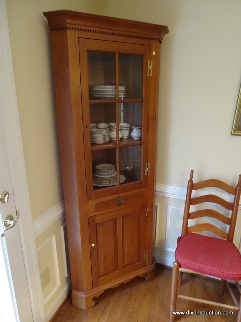 (DR) 1 OF A PAIR OF E.A. CLORE 6 GLASS PANED DOOR OVER 1 DRAWER OVER 1 PANELED DOOR CORNER CABINETS