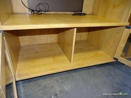 (ROW 2) MAPLE ENTERTAINMENT CENTER WITH 1 CENTER SHELF, 2 CENTER DOORS, AND 4 GLASS SHELVES ON