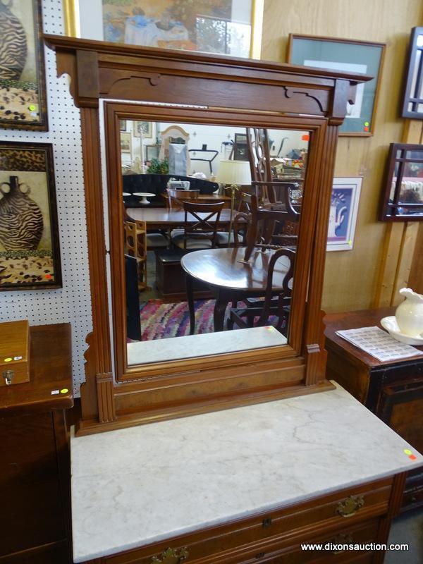 (ROW 2) VICTORIAN WALNUT AND MARBLE TOP MIRRORED DRESSER WITH 3 DRAWERS (HAVE BRASS CHIPPENDALE