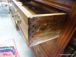 (ROW 2) VICTORIAN WALNUT AND MARBLE TOP MIRRORED DRESSER WITH 3 DRAWERS (HAVE BRASS CHIPPENDALE