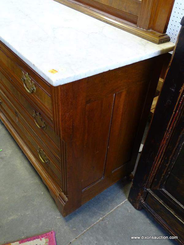 (ROW 2) VICTORIAN WALNUT AND MARBLE TOP MIRRORED DRESSER WITH 3 DRAWERS (HAVE BRASS CHIPPENDALE