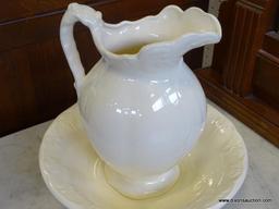 (ROW 2) CERAMIC BOWL AND PITCHER. WOULD MAKE FOR A GREAT VASE! BOWL: 10" DIA. PITCHER: 8.5" TALL