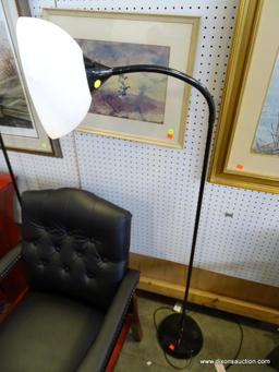 (ROW 2) BLACK METAL FLOOR LAMP WITH CURVED NECK AND WHITE PLASTIC BRUSHED SHADE, 60" HIGH