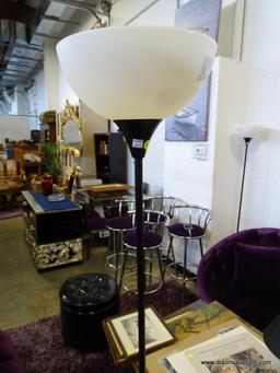 (ROW 2, CORNER) BLACK METAL FLOOR LAMP WITH WHITE FROSTED PLASTIC LAMPSHADE, 72" TALL