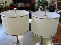 (ROW 2) PAIR OF SILVER MIRROR-FINISH WITH BRUSHED TRIM LAMPS, WHITE LINEN SHADE, 30" TALL, SHADE 16"