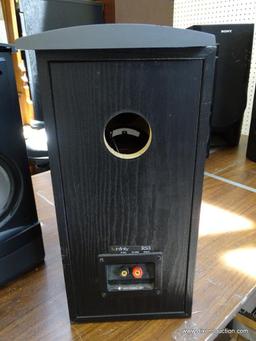 (R1) PAIR OF INFINITY SPEAKERS. MODEL RS3. IN BLACK WOOD GRAINED CASES. ONE IS MISSING THE PLASTIC