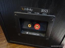 (R1) PAIR OF INFINITY SPEAKERS. MODEL RS3. IN BLACK WOOD GRAINED CASES. ONE IS MISSING THE PLASTIC