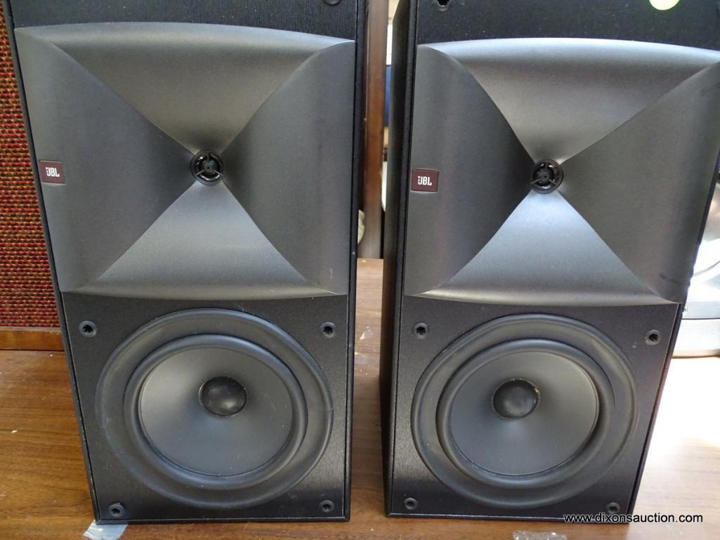 (R1) PAIR OF JBL SPEAKERS. MODEL HLS610. SERIAL #J394-097091. IN BLACK CASES: 8.5"X9.5"X 16.25"