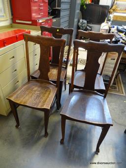 (R1) SET OF 4 ANTIQUE OAK FIDDLEBACK PAW FOOTED PLANK BOTTOM CHAIRS: 18"X18"X 39". 1 SPLAT IS
