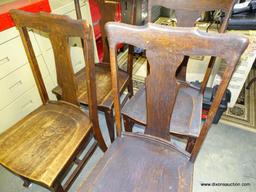 (R1) SET OF 4 ANTIQUE OAK FIDDLEBACK PAW FOOTED PLANK BOTTOM CHAIRS: 18"X18"X 39". 1 SPLAT IS