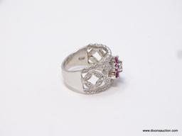 .925 STERLING SILVER BEAUTIFUL WIDE BAND, 6 ROUND PINK RUBIES WITH DIAMOND CUT CENTER WHITE