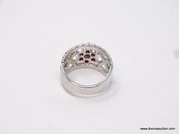 .925 STERLING SILVER BEAUTIFUL WIDE BAND, 6 ROUND PINK RUBIES WITH DIAMOND CUT CENTER WHITE