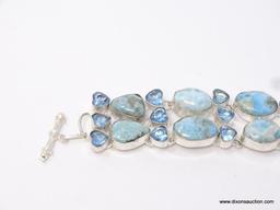 .925 STERLING SILVER 7"-9" GORGEOUS CARIBBEAN LARIMAR NATURAL GEMSTONES WITH HEART-SHAPED FACETED