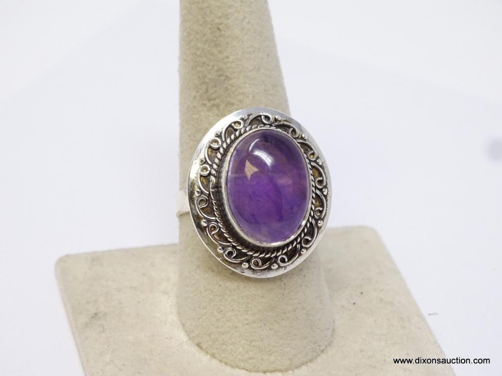 .925 STERLING SILVER LARGE DETAILED AMETHYST CABOCHON RING, SIZE 8.75, RETAIL $69