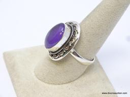 .925 STERLING SILVER LARGE DETAILED AMETHYST CABOCHON RING, SIZE 8.75, RETAIL $69