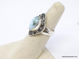 .925 STERLING SILVER GORGEOUS DETAILED LARIMAR RING, WIDE BAND, SIZE 6. RETAIL PRICE IS $79.00