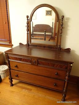 (BR3) DRESSER; ANTIQUE BERKEY AND GAY 5 DRAWER MAHOGANY DRESSER WITH COLUMNED CORNERS AND A MIRROR: