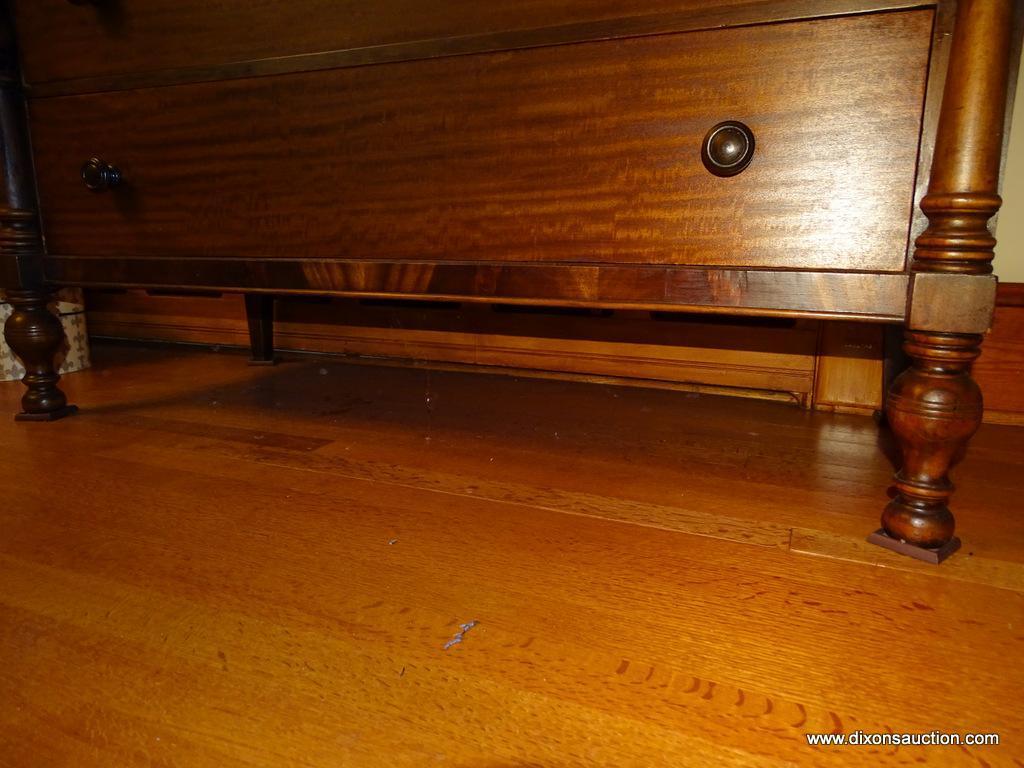 (BR3) DRESSER; ANTIQUE BERKEY AND GAY 5 DRAWER MAHOGANY DRESSER WITH COLUMNED CORNERS AND A MIRROR: