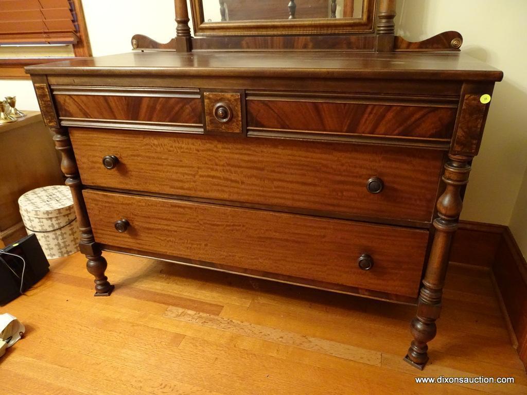 (BR3) DRESSER; ANTIQUE BERKEY AND GAY 5 DRAWER MAHOGANY DRESSER WITH COLUMNED CORNERS AND A MIRROR: