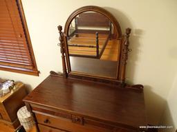 (BR3) DRESSER; ANTIQUE BERKEY AND GAY 5 DRAWER MAHOGANY DRESSER WITH COLUMNED CORNERS AND A MIRROR:
