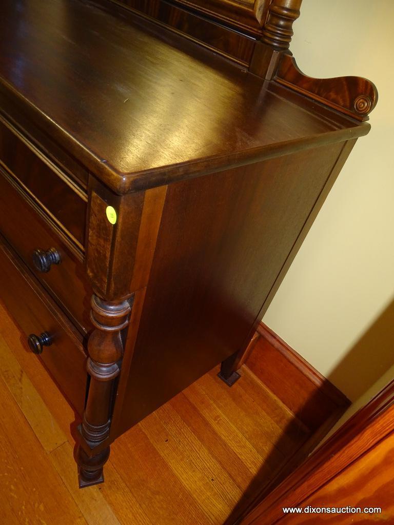 (BR3) DRESSER; ANTIQUE BERKEY AND GAY 5 DRAWER MAHOGANY DRESSER WITH COLUMNED CORNERS AND A MIRROR: