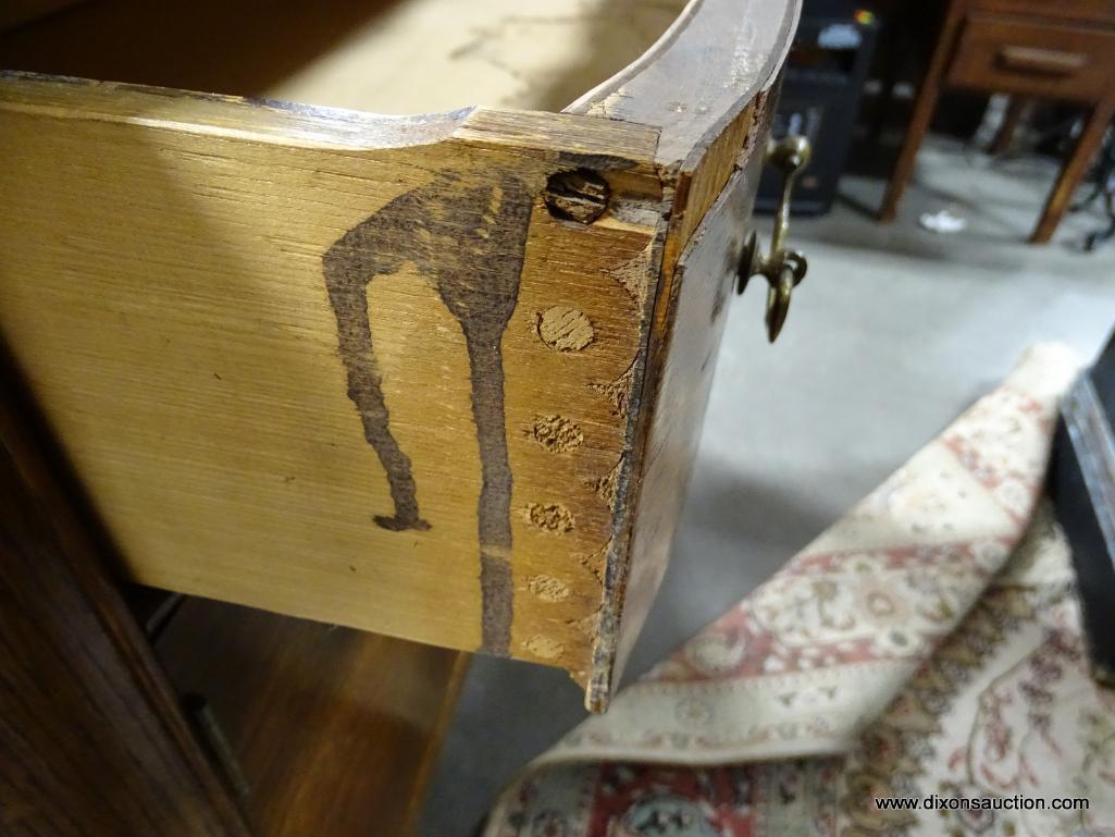 (R3) ANTIQUE BALL AND CLAW-FOOT TIGER OAK WASHSTAND WITH 1 DRAWER OVER 2 DOORS AND A TOWEL BAR.