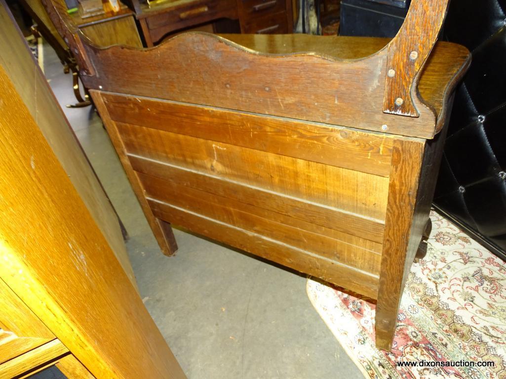 (R3) ANTIQUE BALL AND CLAW-FOOT TIGER OAK WASHSTAND WITH 1 DRAWER OVER 2 DOORS AND A TOWEL BAR.