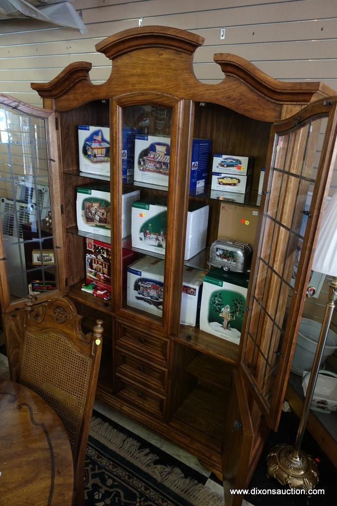 (R1) OAK CHINA CABINET BY STANLEY FURNITURE; THIS "FRUITWOOD" PIECE IS IN A COUNTRY FRENCH STYLE