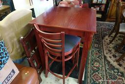 (R1) PUB TABLE AND STOOLS; RAISED TABLE FOR 2 WITH MATCHING BAR-HEIGHT STOOLS. RICH REDDISH BROWN