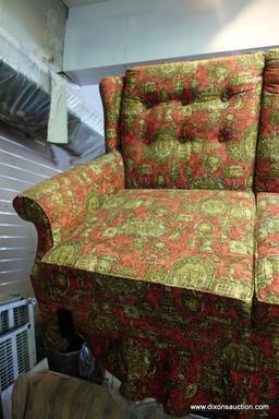 (UP) VINTAGE LOVESEAT; SOCK ARMS WITH A PLEATED SKIRT AND SLIGHT WINGBACK FRAME. DOUBLE SEAT CUSHION