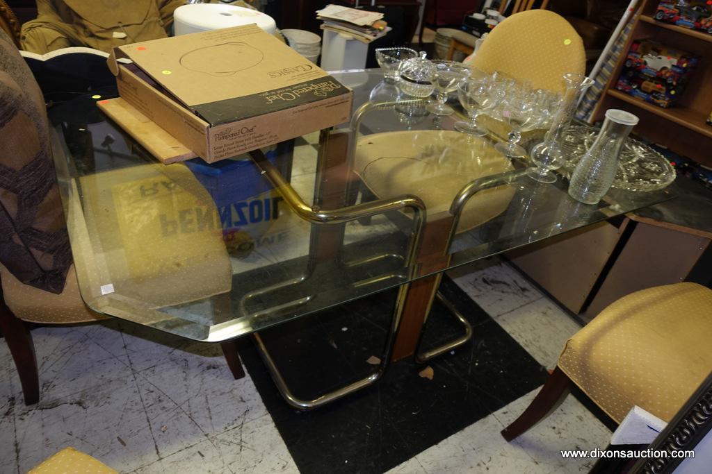 (R1) GLASS TOP DINING TABLE; RECTANGULAR WITH ANGLED CORNERS WITH GOLD-TONED METAL TUBING AND WOOD