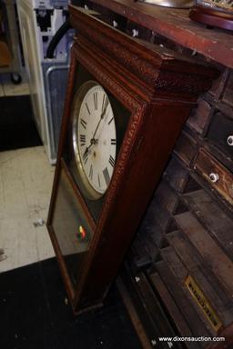 (R1) VINTAGE WALL CLOCK; UNIQUELY CARVED OAK CASE REGULATOR WALL CLOCK WITH DOUBLE PANED GLASS DOOR
