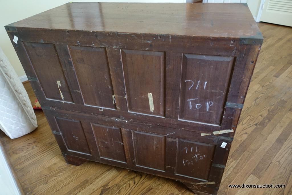 (BD2) ANTIQUE EARLY 19TH CENTURY ENGLISH TEAK CAMPAIGN CHEST; TWO STACKING COMPONENTS TO THIS