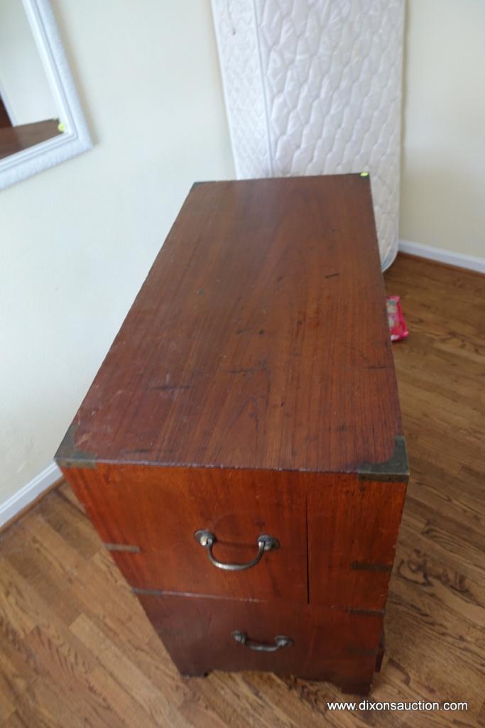 (BD2) ANTIQUE EARLY 19TH CENTURY ENGLISH TEAK CAMPAIGN CHEST; TWO STACKING COMPONENTS TO THIS