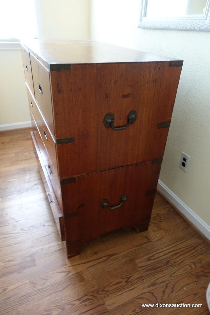 (BD2) ANTIQUE EARLY 19TH CENTURY ENGLISH TEAK CAMPAIGN CHEST; TWO STACKING COMPONENTS TO THIS