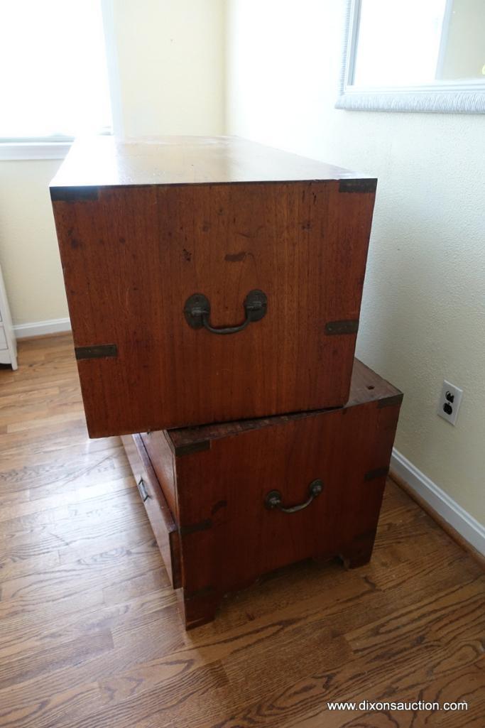 (BD2) ANTIQUE EARLY 19TH CENTURY ENGLISH TEAK CAMPAIGN CHEST; TWO STACKING COMPONENTS TO THIS