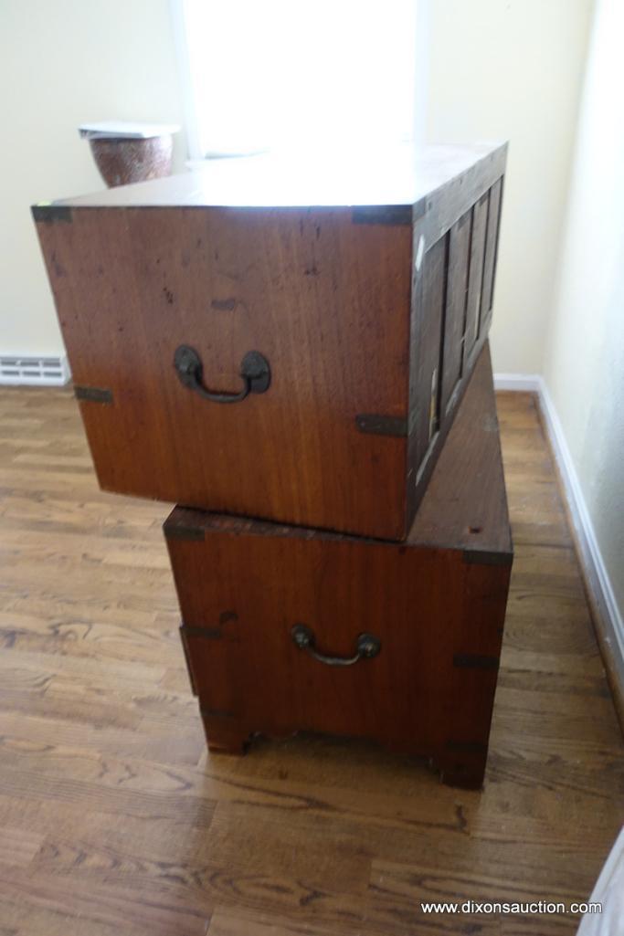 (BD2) ANTIQUE EARLY 19TH CENTURY ENGLISH TEAK CAMPAIGN CHEST; TWO STACKING COMPONENTS TO THIS