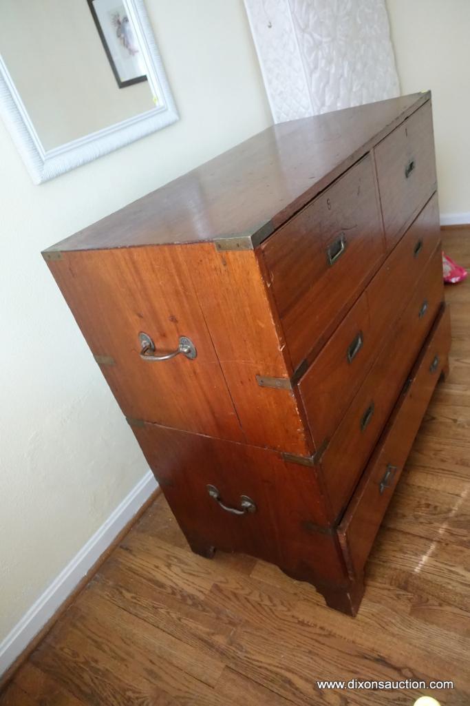 (BD2) ANTIQUE EARLY 19TH CENTURY ENGLISH TEAK CAMPAIGN CHEST; TWO STACKING COMPONENTS TO THIS