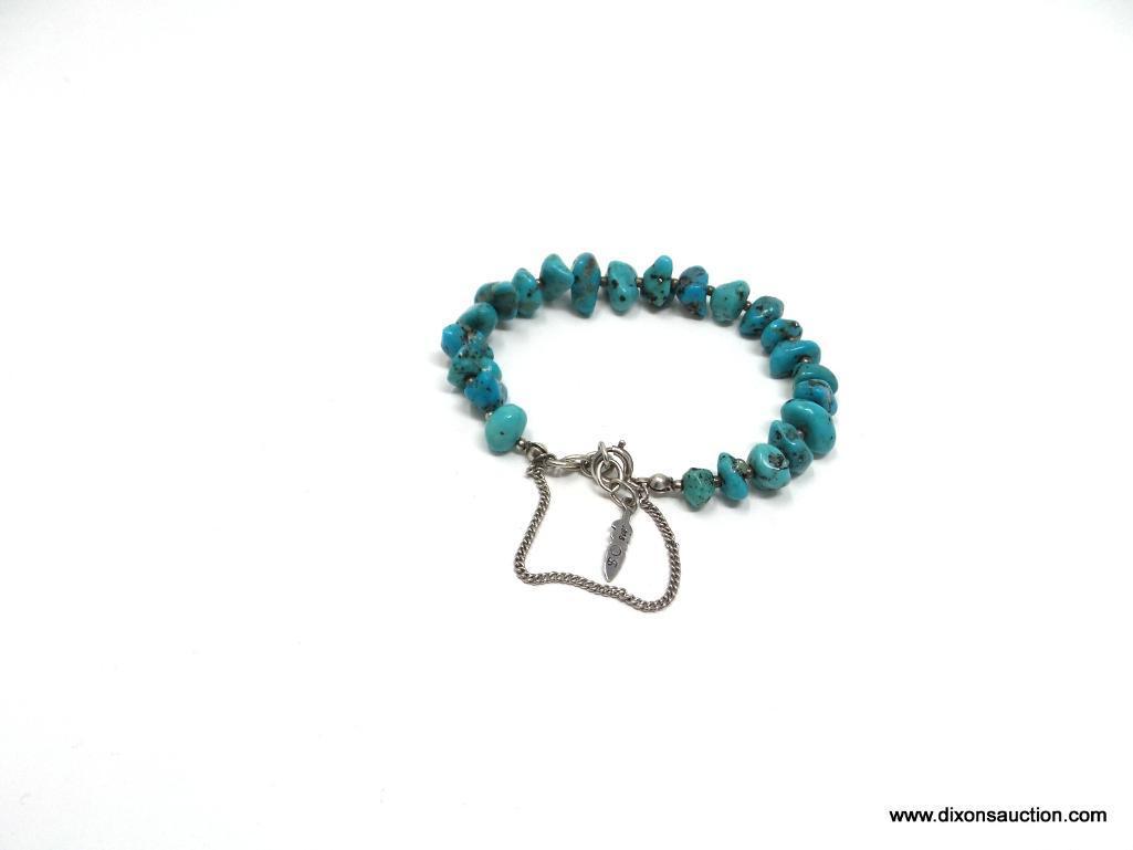 QUALITY STERLING SILVER AND TURQUOISE NUGGET BRACELET WITH SILVER SPACER BEADS IN BETWEEN THE