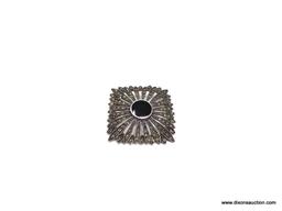 NEXT ITEM UP: A BEAUTIFUL STERLING SILVER, ONYX, AND MARCASITE PIN. THIS PIECE MEASURES 1.5 IN