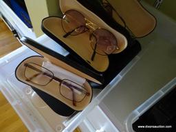 (LR) BOX LOT OF 7 EYEGLASS CASES AND ASSORTED SUNGLASSES AND READING GLASSES.