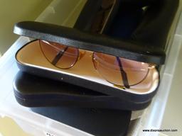 (LR) BOX LOT OF 7 EYEGLASS CASES AND ASSORTED SUNGLASSES AND READING GLASSES.