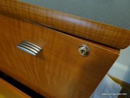 (OFF) 2-DRAWER WOOD GRAIN FILING CABINET. EACH DRAWER HOLDS 2 ROWS OF FOLDERS. GREY GRANITE LOOK