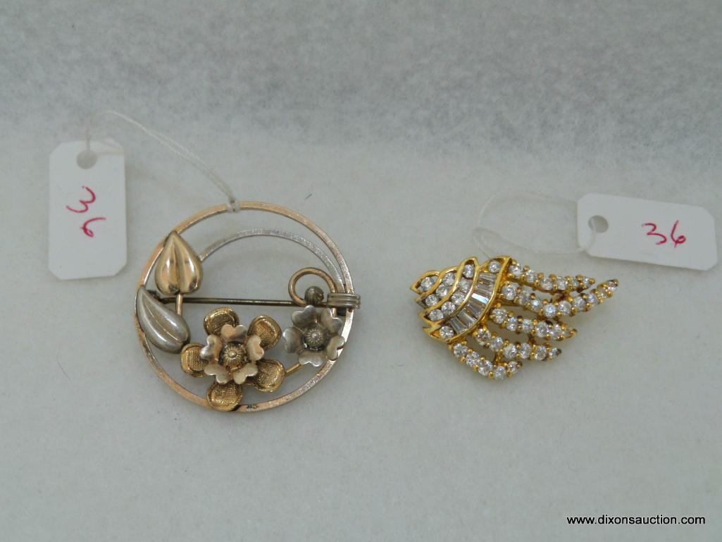 .925 BROOCH WITH CLEAR STONE AND ANOTHER VINTAGE BROOCH WITH GF AND 800 SILVER
