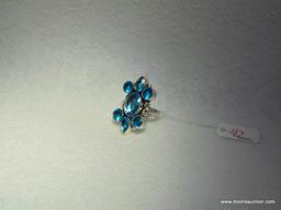 LARGE SILVER TONE LADIES RING SET WITH SYNTHETIC BLUE TOPAZ STONES. SIZE 7.5