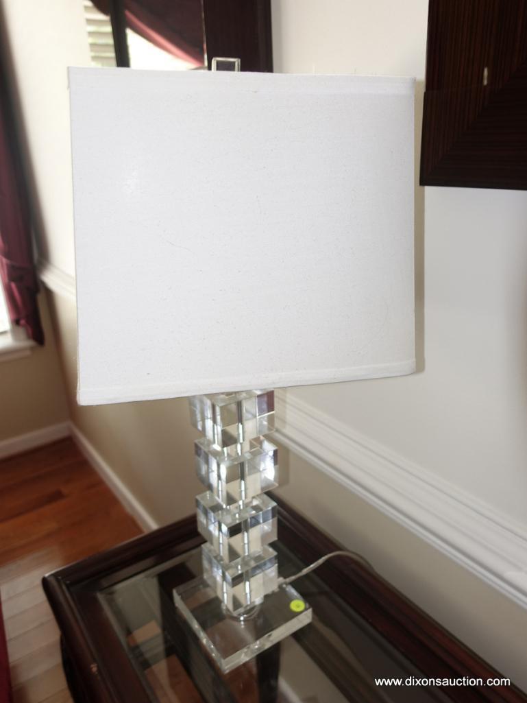 (LR) MODERNISTIC CUBE THEMED LAMP WITH SHADE AND CUBE SHAPED FINIAL: 11" X 28"