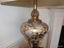 (LR) VERY NICE BRASS AND MARBLE LAMP WITH SHADE AND FINIAL: 16" X 37"