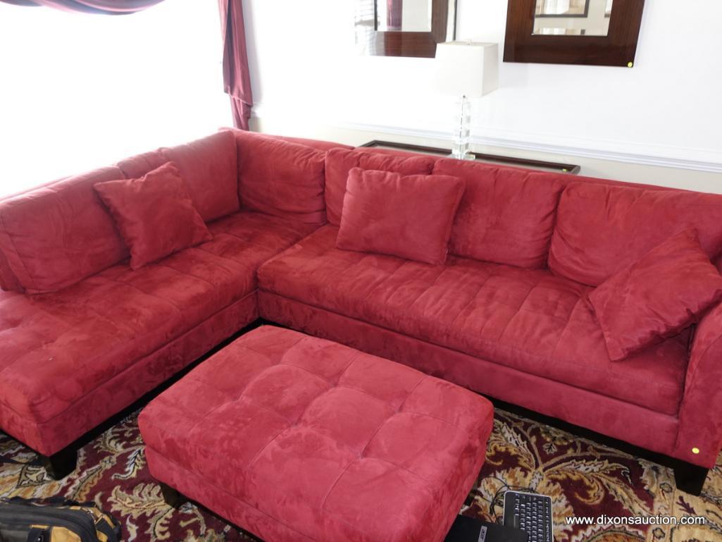 (LR) SECTIONAL SOFA; VERY COMFORTABLE RED SUEDE UPHOLSTERED 2 PIECE SECTIONAL SOFA: 120" X 80" X 32"