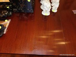 (DR) MAHOGANY DOUBLE PEDESTAL DINING TABLE WITH BRASS FEET: 45" X 60" X 30". IN EXCELLENT CONDITION