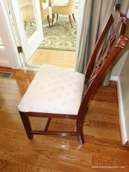 (DR) 6 MAHOGANY AND UPHOLSTERED SEAT DINING CHAIRS WITH SHELL CARVED CRESTS. ALL 6 ARE SIDE CHAIRS: